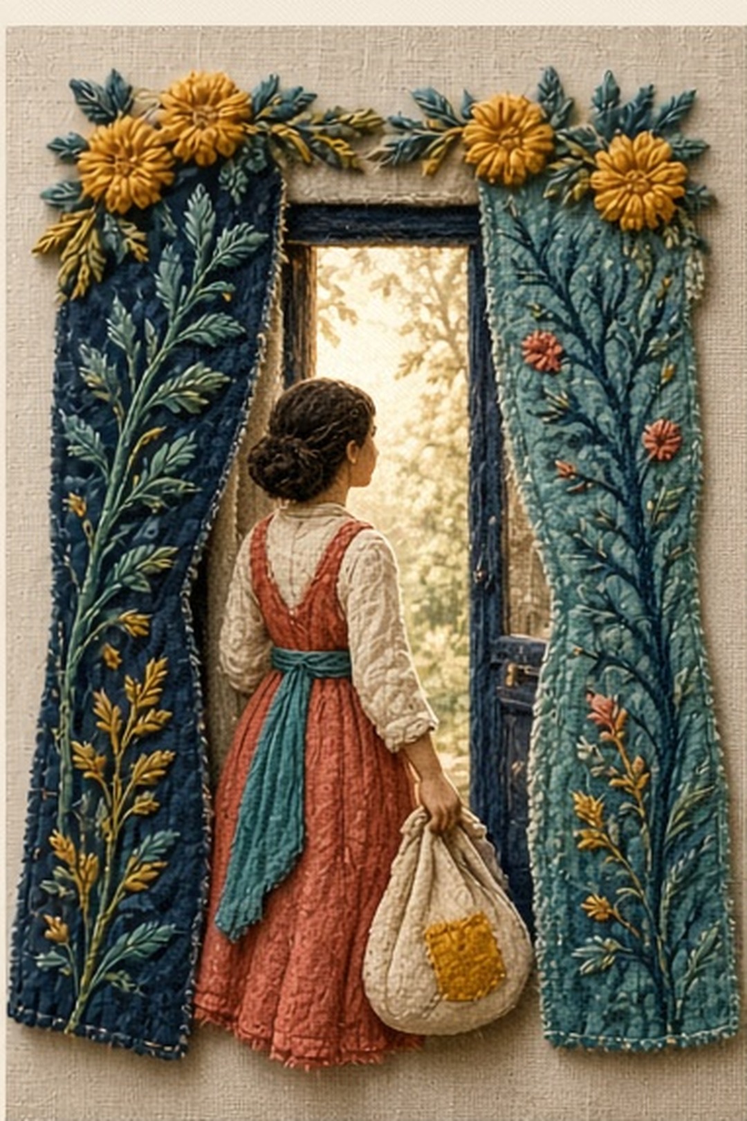 Original hand-embroidered textile story panels photographed on warm linen, with visible thread, appliqué edges, indigo, coral, marigold, teal, and cream hero illustration for Mosaic Hello