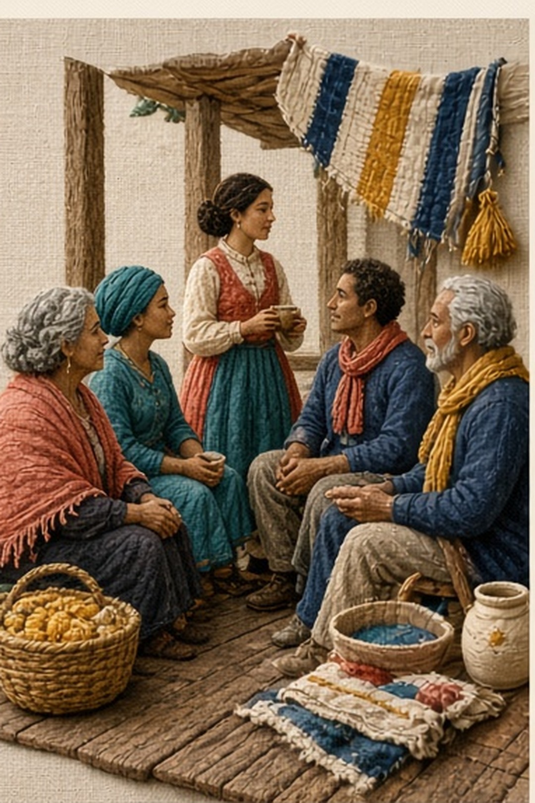 Original hand-embroidered textile story panels photographed on warm linen, with visible thread, appliqué edges, indigo, coral, marigold, teal, and cream illustration for Doorway Greetings