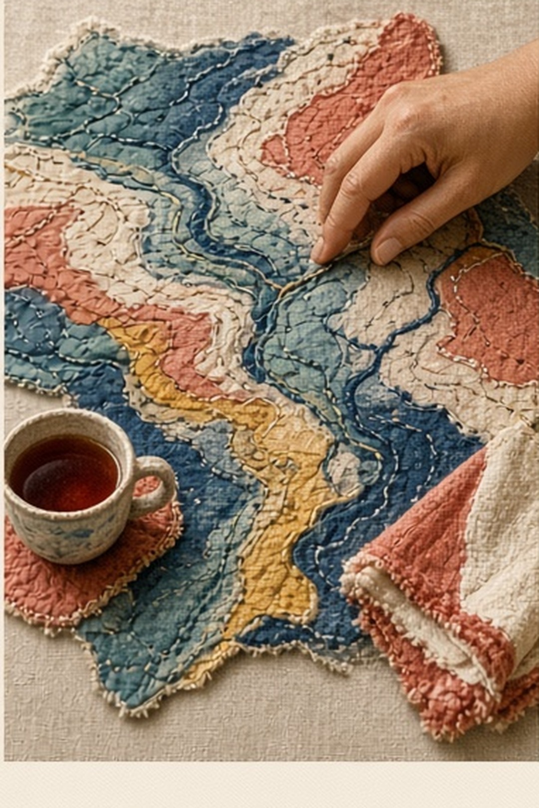 Original hand-embroidered textile story panels photographed on warm linen, with visible thread, appliqué edges, indigo, coral, marigold, teal, and cream illustration for Translation Patience