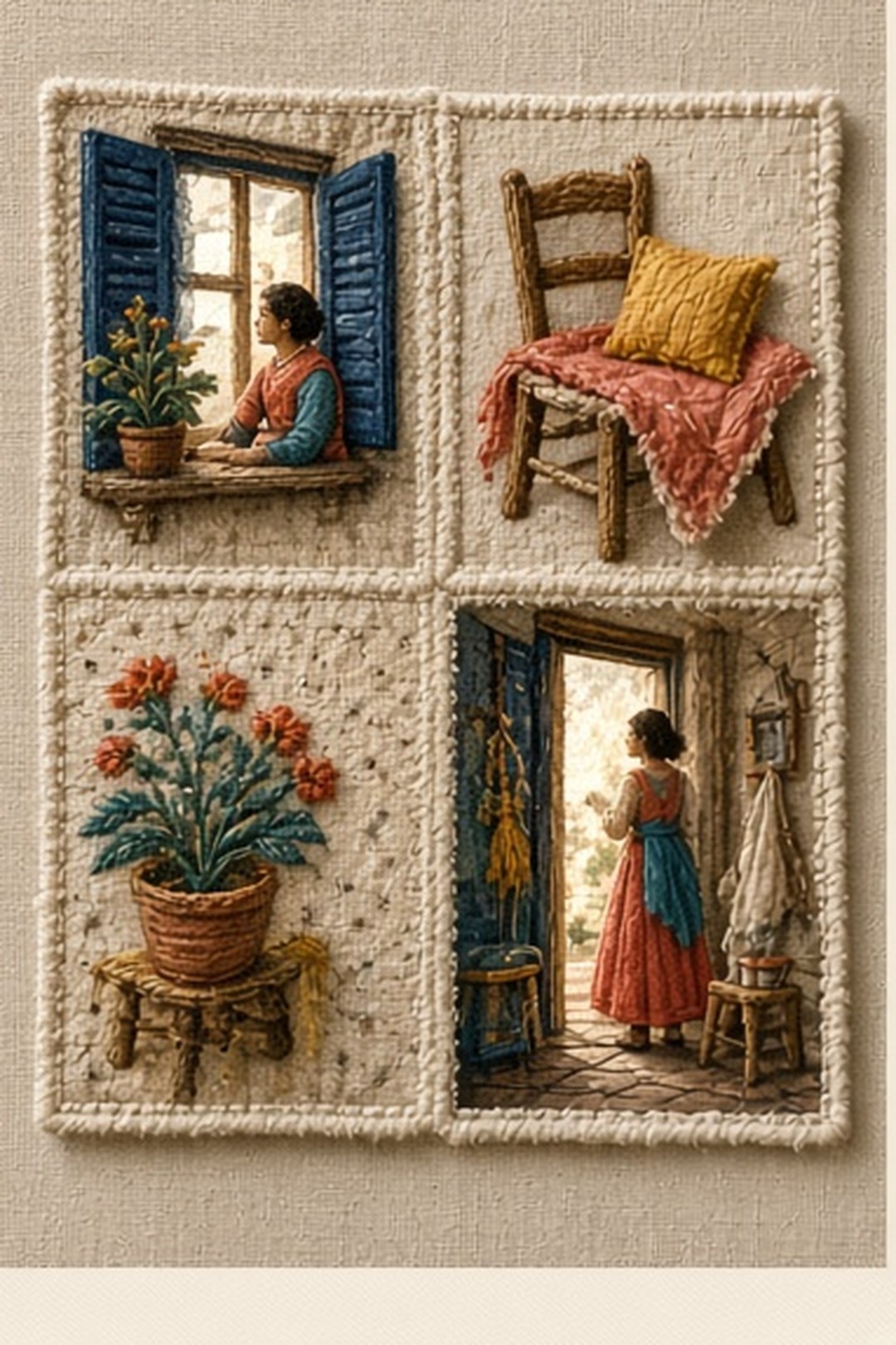 Original hand-embroidered textile story panels photographed on warm linen, with visible thread, appliqué edges, indigo, coral, marigold, teal, and cream illustration for Family Words