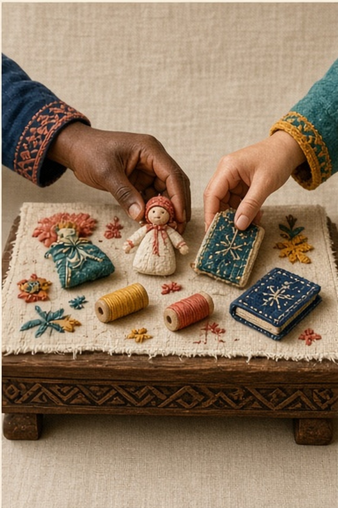 Original hand-embroidered textile story panels photographed on warm linen, with visible thread, appliqué edges, indigo, coral, marigold, teal, and cream illustration for Ask Before Assuming