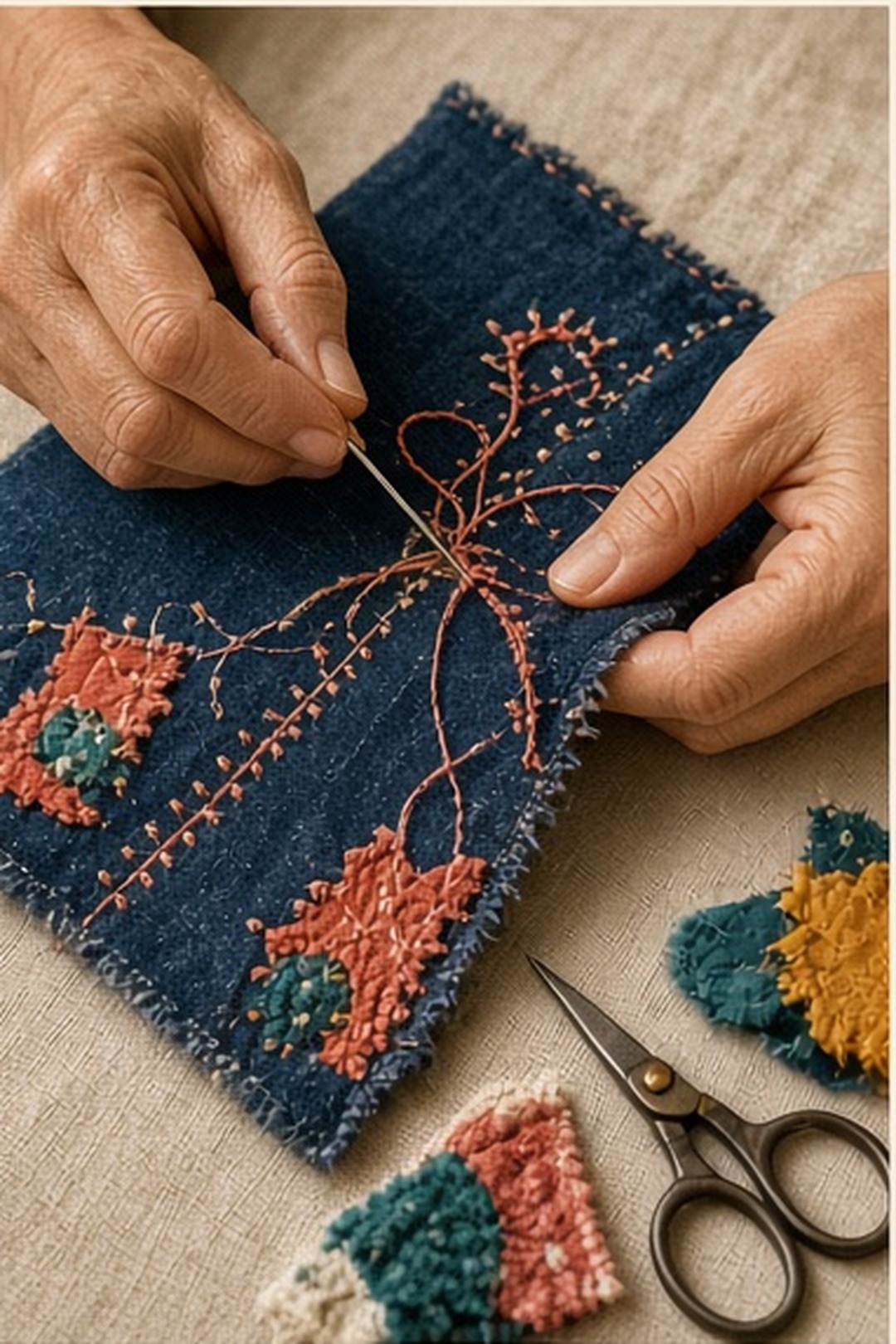 Original hand-embroidered textile story panels photographed on warm linen, with visible thread, appliqué edges, indigo, coral, marigold, teal, and cream illustration for Neighborhood Maps
