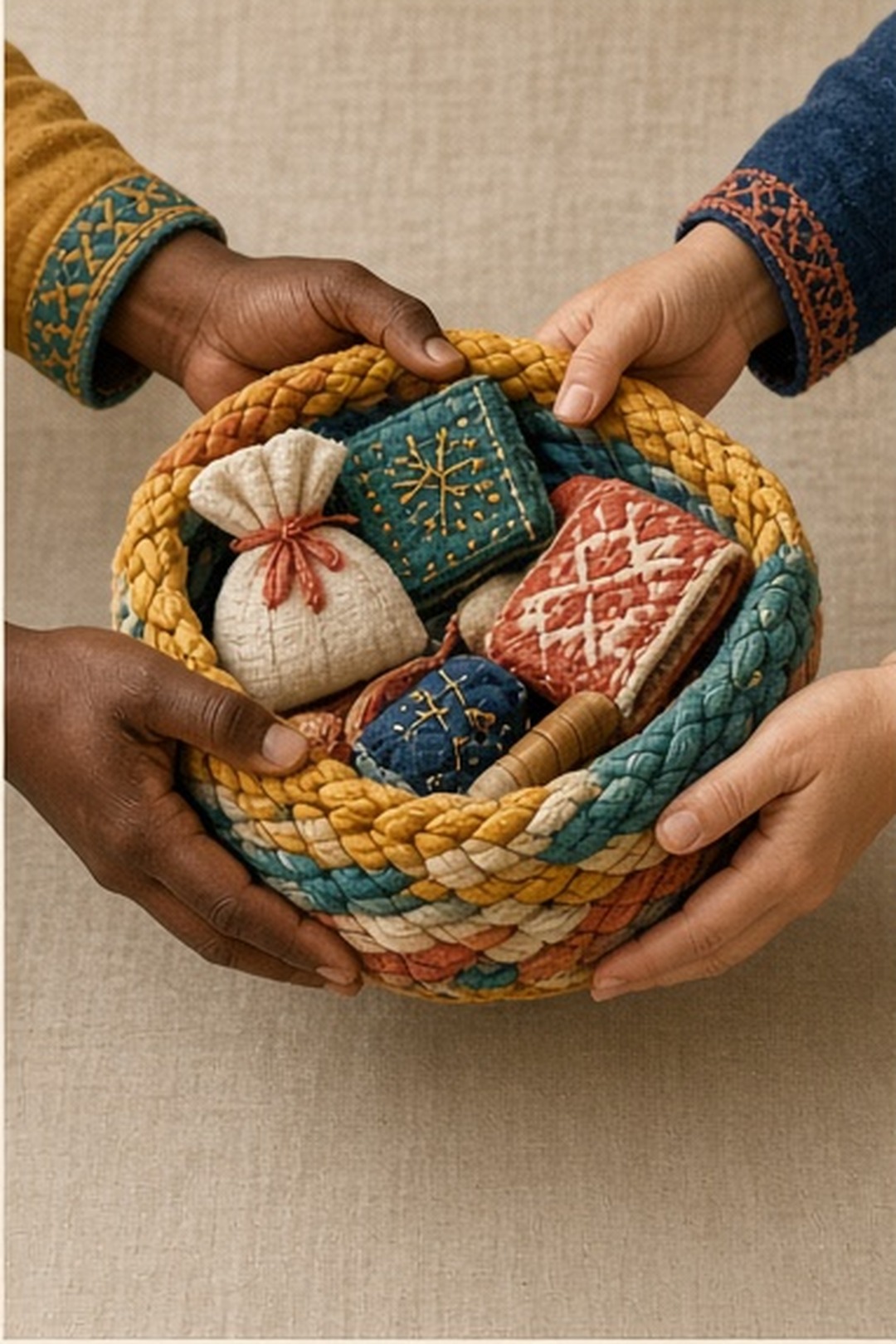 Original hand-embroidered textile story panels photographed on warm linen, with visible thread, appliqué edges, indigo, coral, marigold, teal, and cream illustration for Story Circles