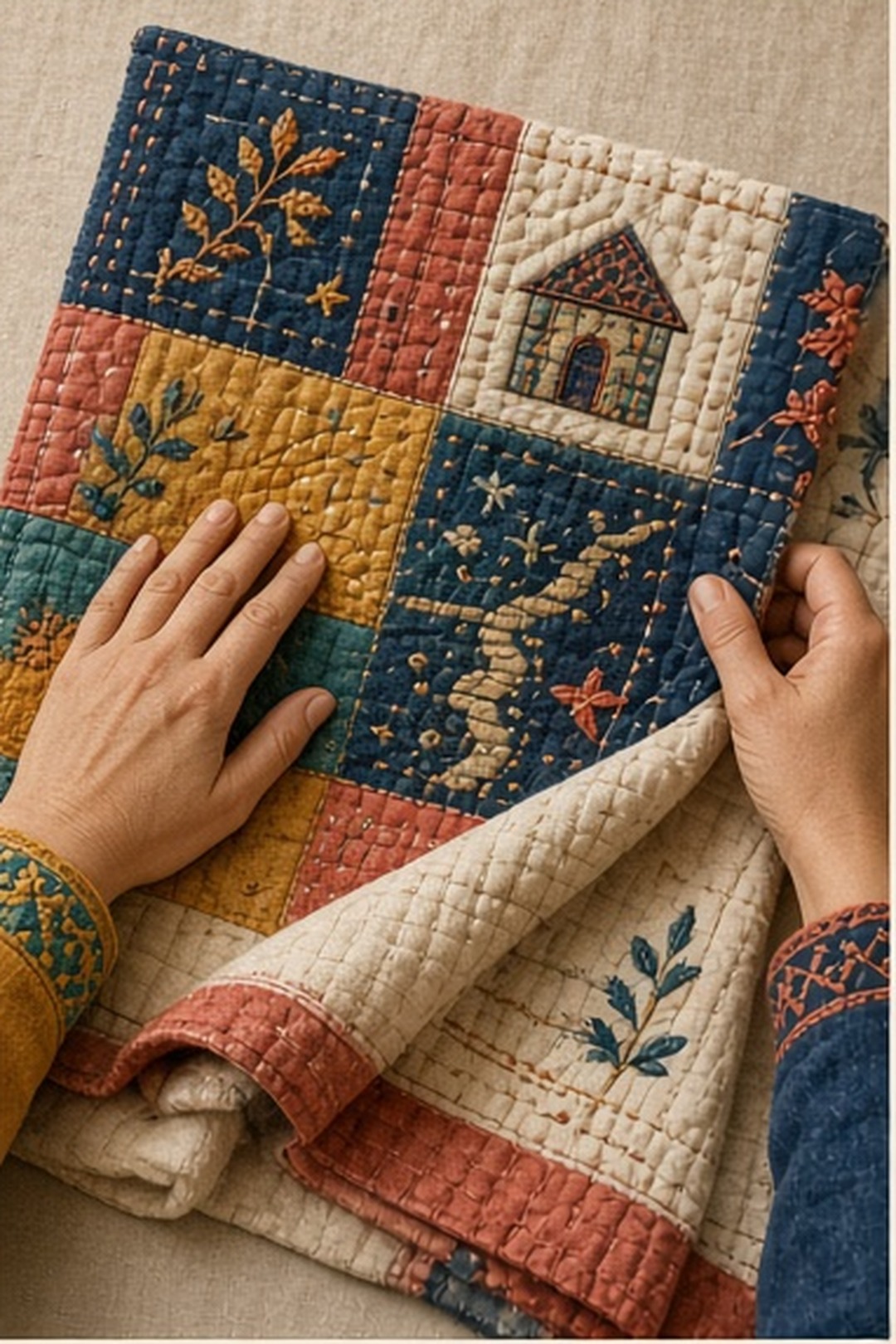 Original hand-embroidered textile story panels photographed on warm linen, with visible thread, appliqué edges, indigo, coral, marigold, teal, and cream illustration for Quiet Belonging